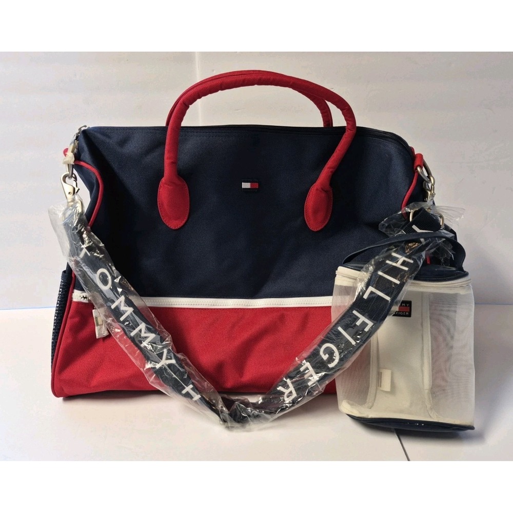 Vintage 90s Tommy Hilfiger Duffle Travel Bag Colorblock Spell Out Shoulder Strap